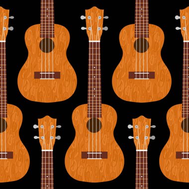 Ukulele Hawai gitarı. Kahverengi ağaçtan. Gerçekçi vektör çizimi. Kusursuz desen. Siyah arkaplan