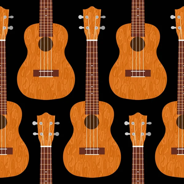 Ukulele Hawai gitarı. Kahverengi ağaçtan. Gerçekçi vektör çizimi. Kusursuz desen. Siyah arkaplan
