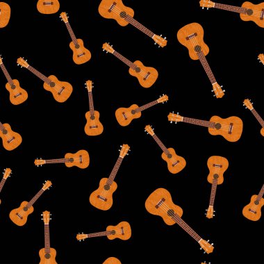Ukulele Hawai gitarı. Kahverengi ağaçtan. Gerçekçi vektör çizimi. Kusursuz desen. Siyah arkaplan