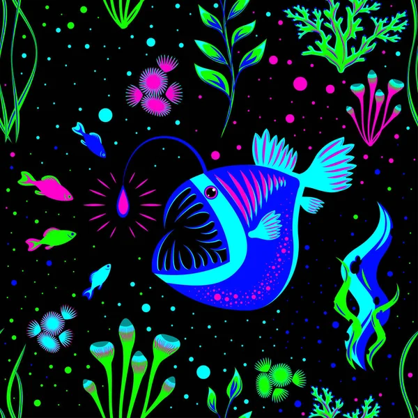 Angler Fish and small fish. Lophius piscatorius. Underwater world. Seamless pattern. Bioluminescence