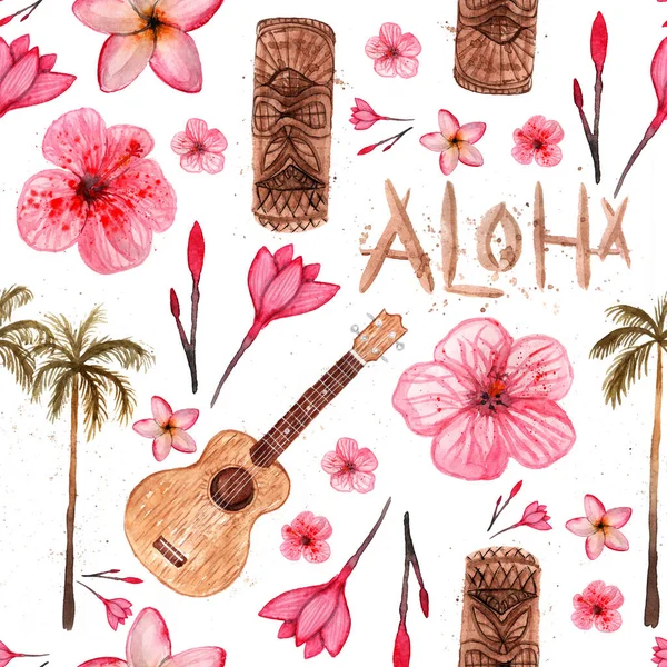 Hawaii Szimbolok Luau Aloha Tiki Ukulele Plumeria Hibiszkusz Pálmafa Zökkenőmentes — Stock Fotó