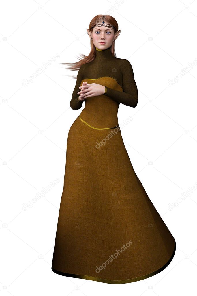 Elven Fantasy Caucasian Woman in Dress on Isolated White Background, 3D illustration, 3D Rendering