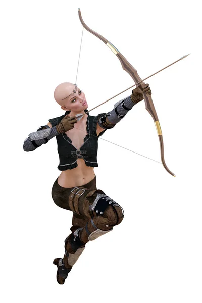 Elfo Caucásico Arquero Mujer Con Arco Flecha Sobre Fondo Blanco —  Fotos de Stock
