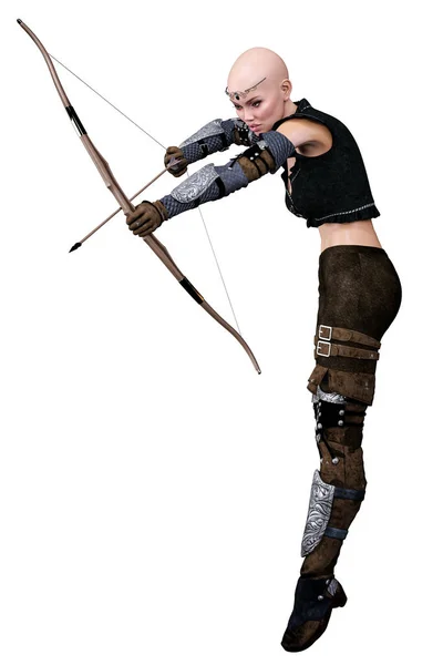 Kaukasische Elfenbogenschützin Mit Pfeil Und Bogen Auf Isoliertem Weißem Hintergrund — Stockfoto