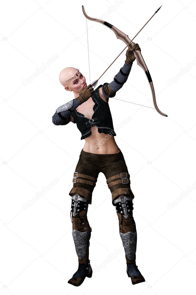 Caucasian Elf Archer Woman with Bow and Arrow on Isolated White Background, 3D illustration, 3D Rendering