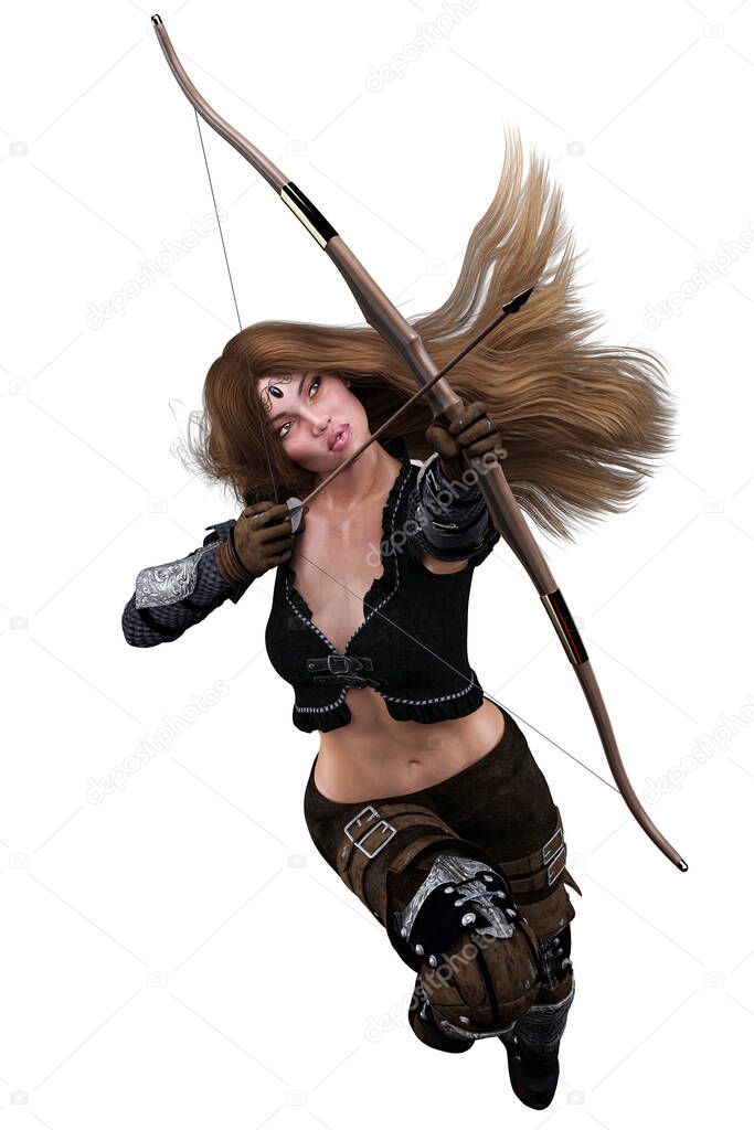 Caucasian Elf Archer Woman with Bow and Arrow on Isolated White Background, 3D illustration, 3D Rendering