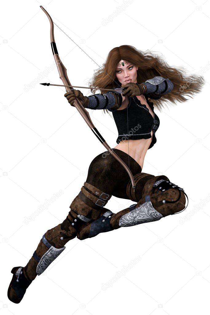 Caucasian Elf Archer Woman with Bow and Arrow on Isolated White Background, 3D illustration, 3D Rendering