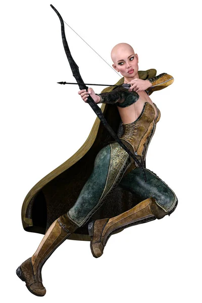 Elfo Caucasiano Archer Mulher Com Arco Seta Fundo Branco Isolado — Fotografia de Stock