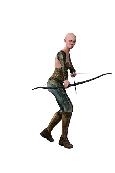 高加索精灵弓箭手妇女与弓箭分离的白色背景 3D插图 3D渲染 — 图库照片