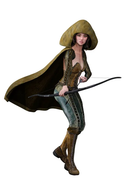 Caucasian Elf Archer Woman with Bow and Arrow on Isolated White Background, 3D illustration, 3D Rendering