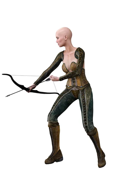 Caucasian Elf Archer Woman with Bow and Arrow on Isolated White Background, 3D illustration, 3D Rendering