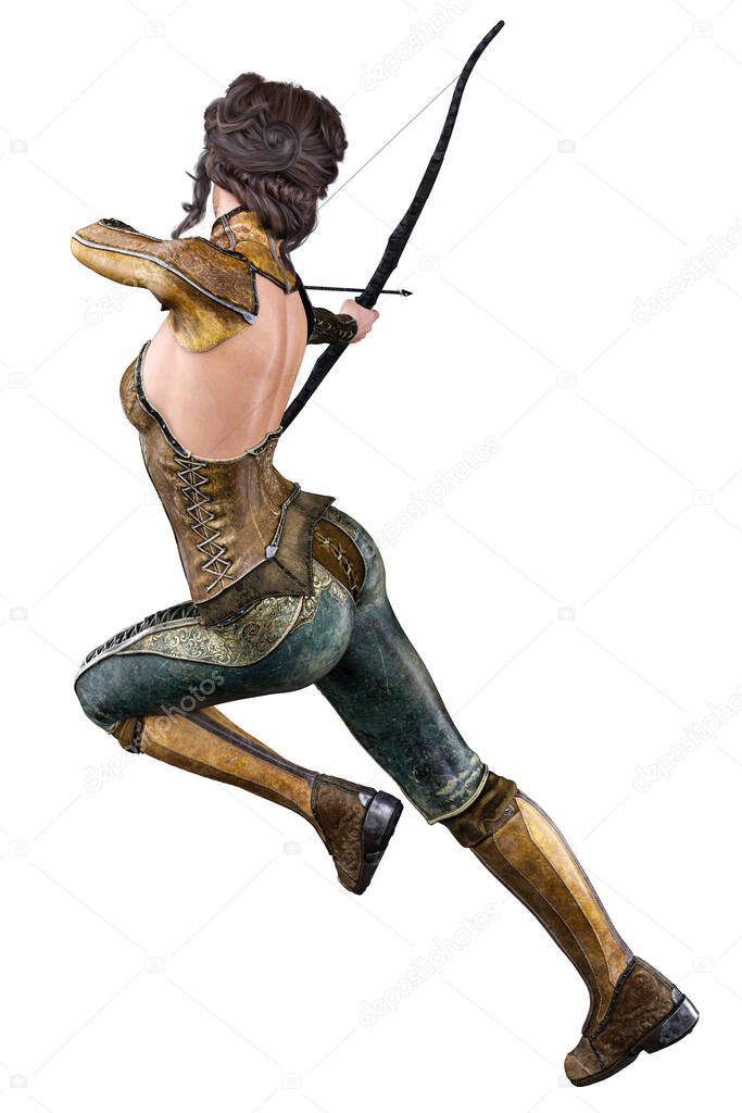 Caucasian Elf Archer Woman with Bow and Arrow on Isolated White Background, 3D illustration, 3D Rendering