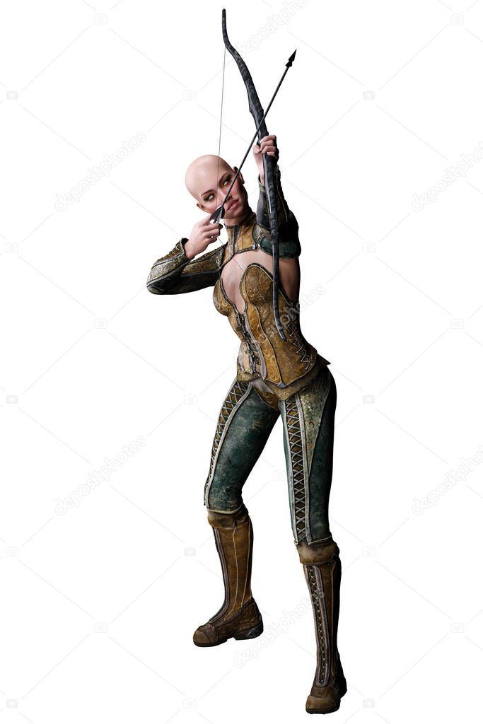 Caucasian Elf Archer Woman with Bow and Arrow on Isolated White Background, 3D illustration, 3D Rendering