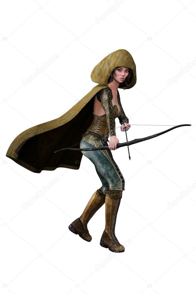 Caucasian Elf Archer Woman with Bow and Arrow on Isolated White Background, 3D illustration, 3D Rendering