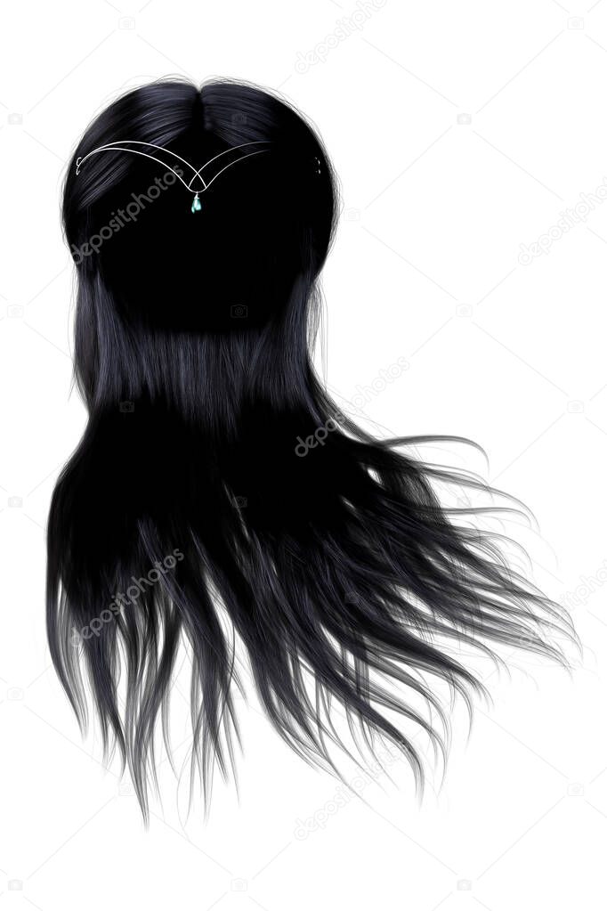 3d render, 3d illustration, long Hair Black Front View  on isolated white background
