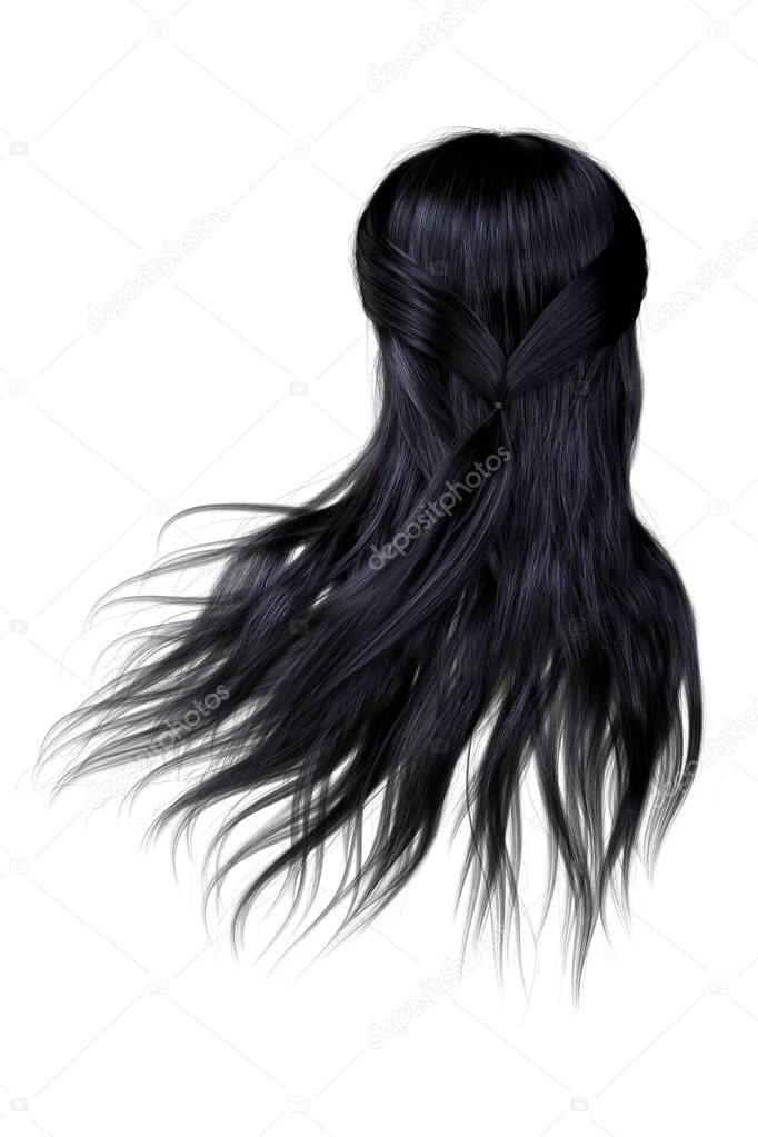 3d render, 3d illustration, long Hair Black Back View  on isolated white background