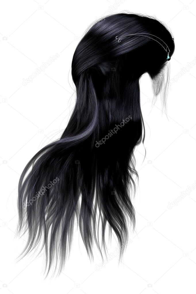 3d render, 3d illustration, long Hair Black Three-Quarters View  on isolated white background