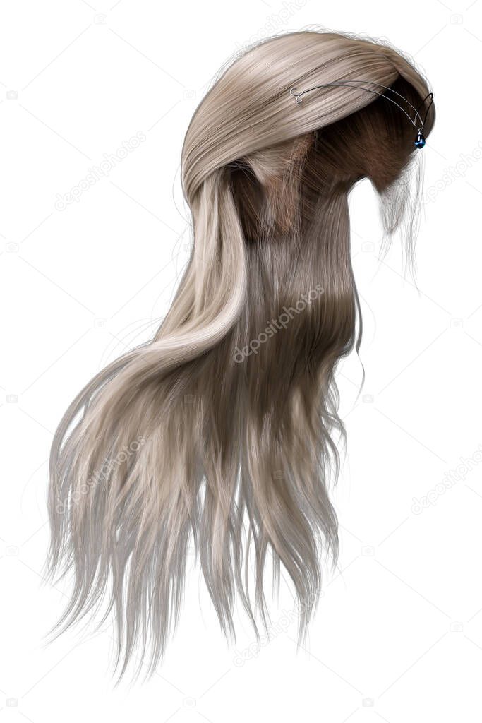3d render, 3d illustration, long Hair Blonde Three-Quarters View  on isolated white background