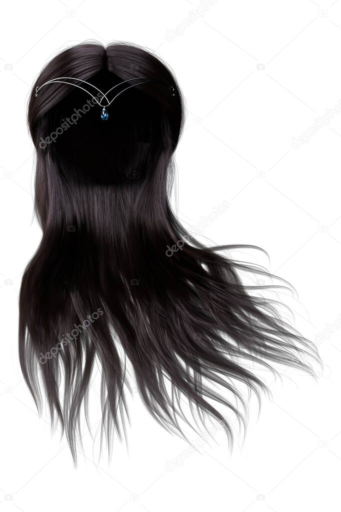 3d render, 3d illustration, fantasy dark brown hair front view on isolated white background