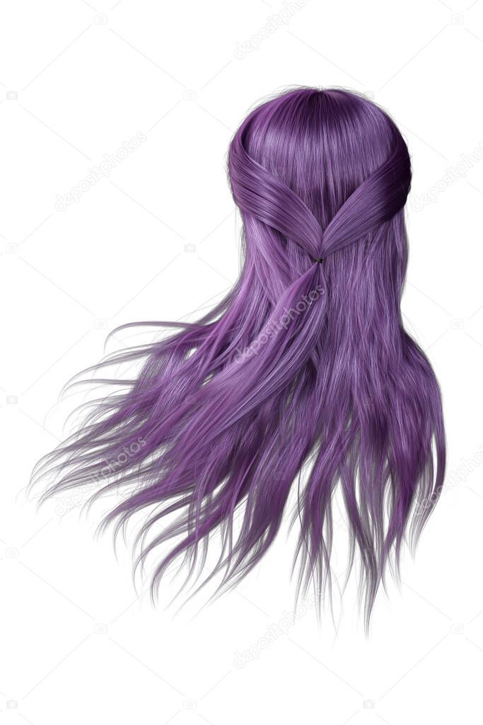 3d render, 3d illustration, long Hair Purple Back View  on isolated white background