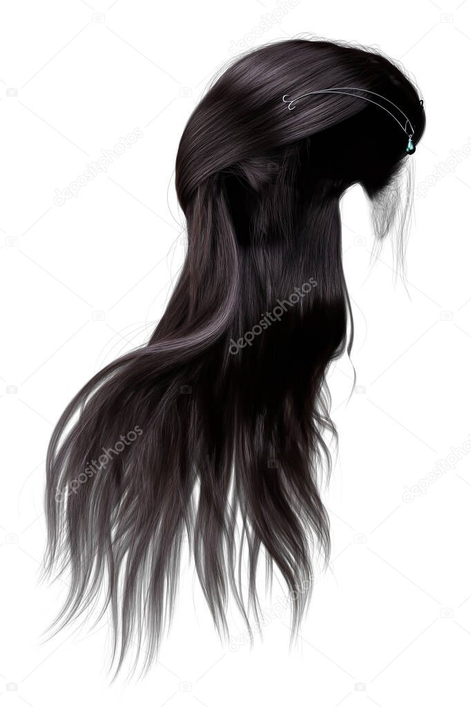 3d render, 3d illustration, long Hair Dark Brown Three-Quarters View  on isolated white background