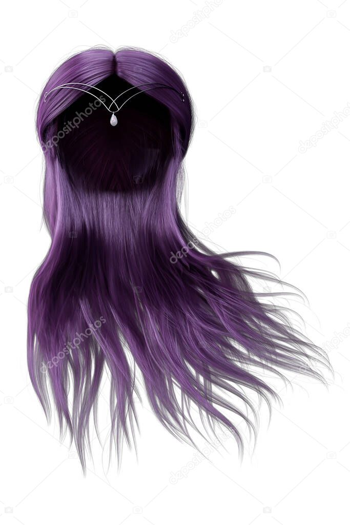 3d render, 3d illustration, long Hair Purple Front View  on isolated white background