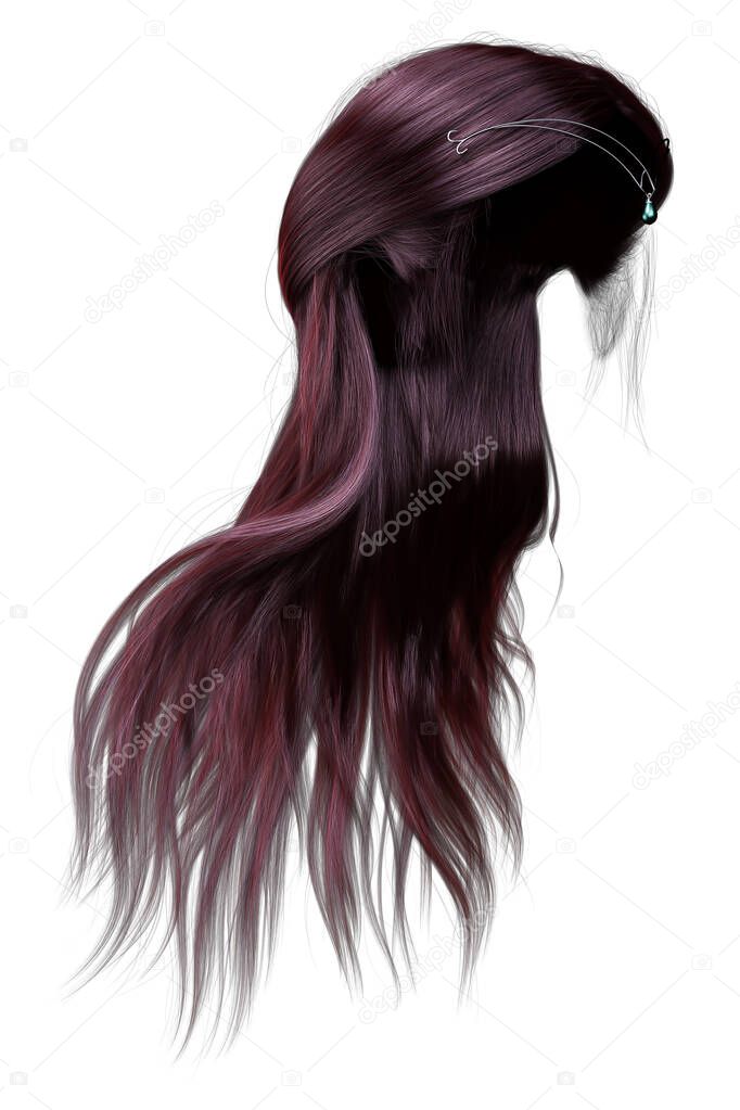 3d render, 3d illustration, fantasy red hair on isolated white background