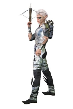Elf Archer Man ile yay ve ok izole edilmiş beyaz arkaplan, 3 boyutlu illüstrasyon, 3 boyutlu canlandırma