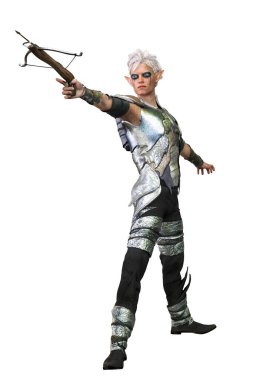 Elf Archer Man ile yay ve ok izole edilmiş beyaz arkaplan, 3 boyutlu illüstrasyon, 3 boyutlu canlandırma