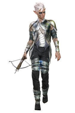 Elf Archer Man ile yay ve ok izole edilmiş beyaz arkaplan, 3 boyutlu illüstrasyon, 3 boyutlu canlandırma