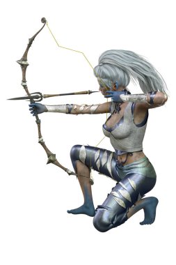 Kafkasyalı Elf Okçu Kadın Yay ve Ok ile İzole Beyaz Arkaplan, 3 boyutlu illüstrasyon, 3 boyutlu canlandırma