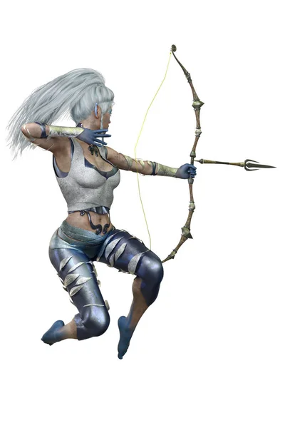 白地に弓と矢を持つ白人エルフの射手女性 3Dイラスト 3Dレンダリング — ストック写真