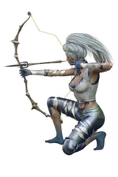 Caucasian Elf Archer Woman Bow Arrow Isolated White Background Illustration — Stock Photo, Image