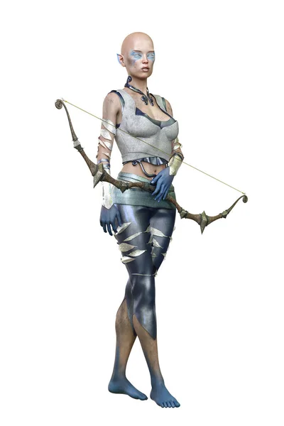白地に弓と矢を持つ白人エルフの射手女性 3Dイラスト 3Dレンダリング — ストック写真