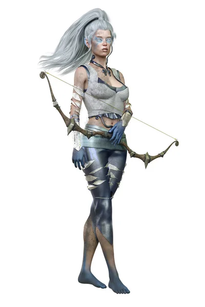 Caucasian Elf Archer Woman Bow Arrow Isolated White Background Illustration — Stock Photo, Image