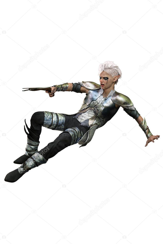 Elf Archer Man with Bow and Arrow on Isolated White Background, 3D illustration, 3D Rendering