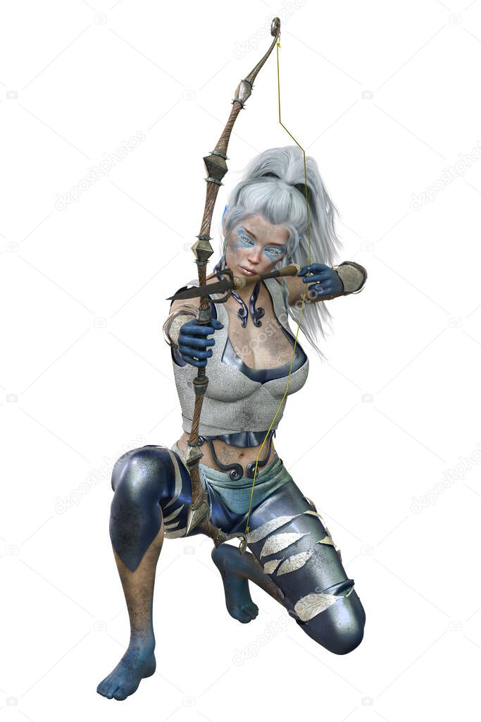 Caucasian Elf Archer Woman with Bow and Arrow on Isolated White Background, 3D illustration, 3D Rendering