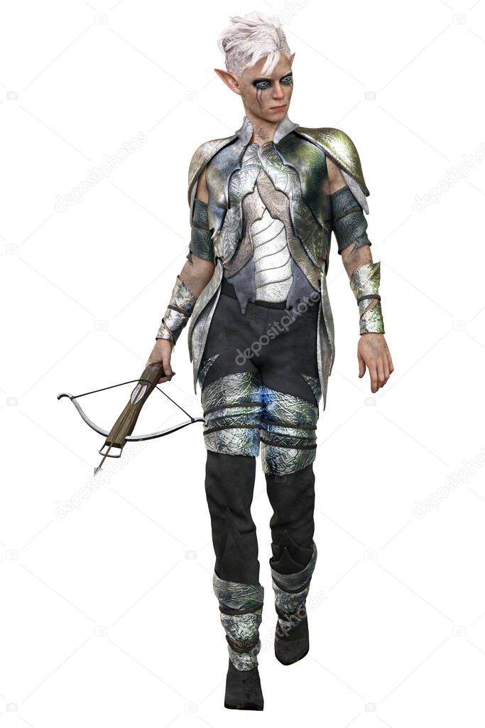 Elf Archer Man with Bow and Arrow on Isolated White Background, 3D illustration, 3D Rendering