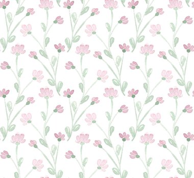 Beyaz arka planda yaprakları ve pembe çiçekleri olan kusursuz çiçek deseni.