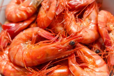 Pişmiş karides. Yakın çekim. Asya. Deniz ürünleri.