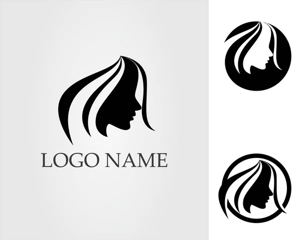 Mulher de cabelo de salão e logotipo de cara e símbolos  ... — Vetor de Stock