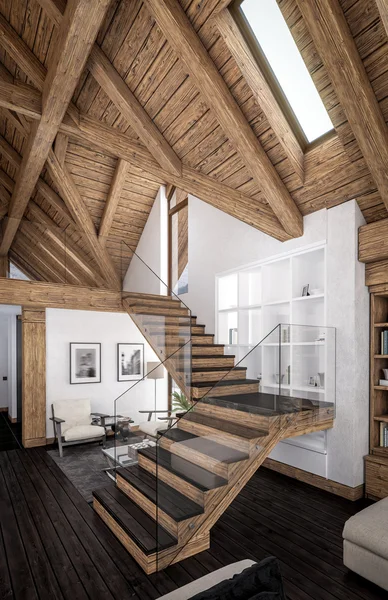 3D vykreslování obývacího pokoje chalupy — Stock fotografie