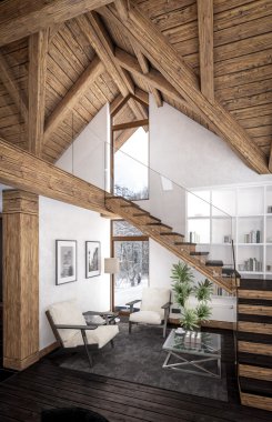 oturma odası dağ evi, 3D render
