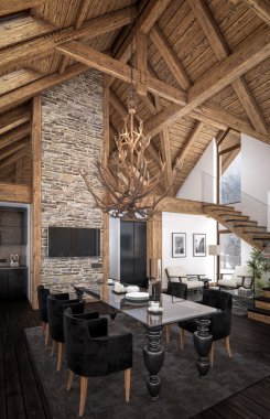 oturma odası dağ evi, 3D render