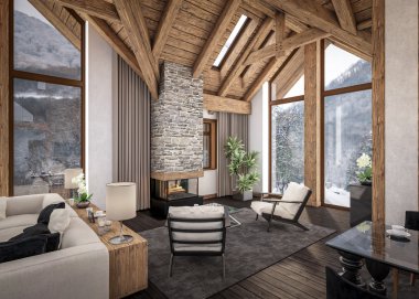 oturma odası dağ evi, 3D render