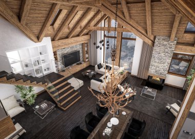 oturma odası dağ evi, 3D render