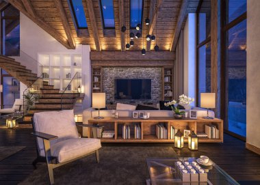 Akşam oturma odası dağ evi, 3D render