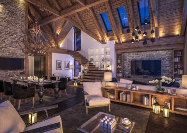 Akşam oturma odası dağ evi, 3D render