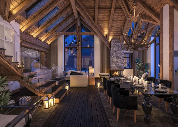 Akşam oturma odası dağ evi, 3D render