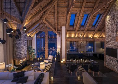 Akşam oturma odası dağ evi, 3D render